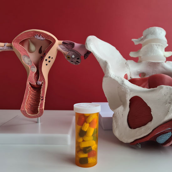 Modelo anatómico del aparato reproductor femenino y pelvis en consulta médica