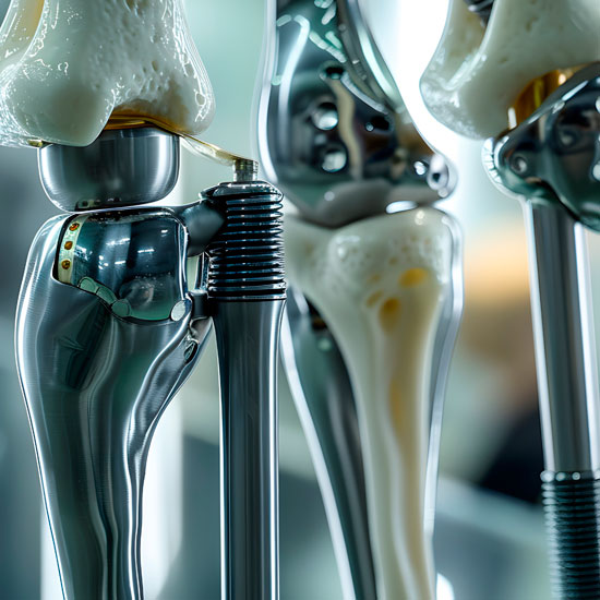 Prótesis total de rodilla en entorno clínico Imagen de prótesis total de rodilla en contexto clínico. Cirugía protésica de rodilla, recuperación y tratamiento de la artrosis avanzada de rodilla con prótesis