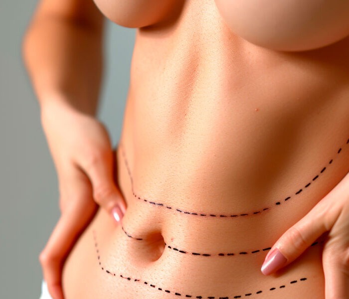 Marcaje quirúrgico abdominal en cirugía estética corporal. La cirugía estética corporal puede abordar exceso de piel, grasa localizada o cambios en el contorno abdominal mediante procedimientos quirúrgicos como abdominoplastia o lipoescultura.