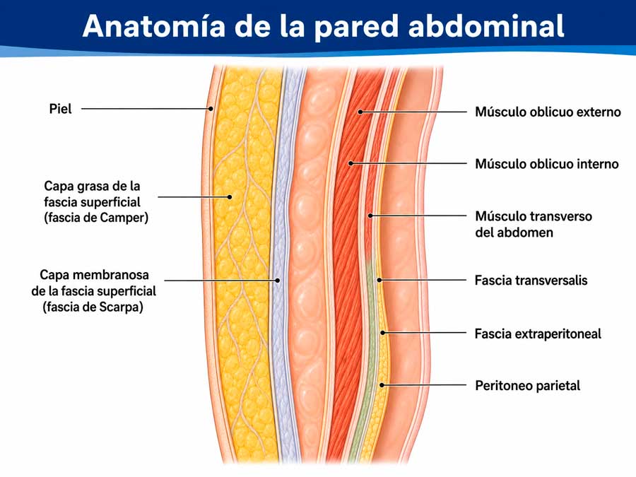 Capas de la pared abdominal con fascia transversalis, fascia extraperitoneal y peritoneo parietal