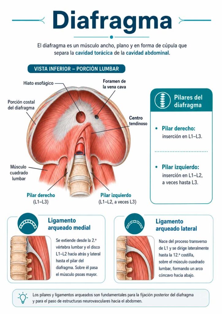 Anatomía del diafragma con pilares lumbares y ligamentos arqueados medial y lateral