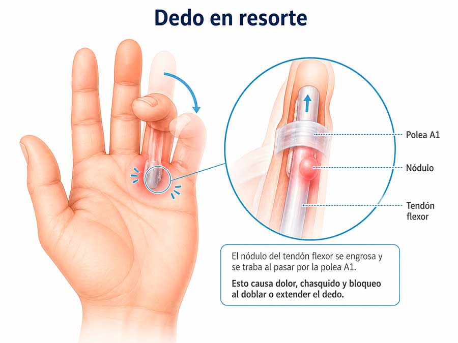 Ilustración médica del dedo en resorte con polea A1, nódulo y tendón flexor
