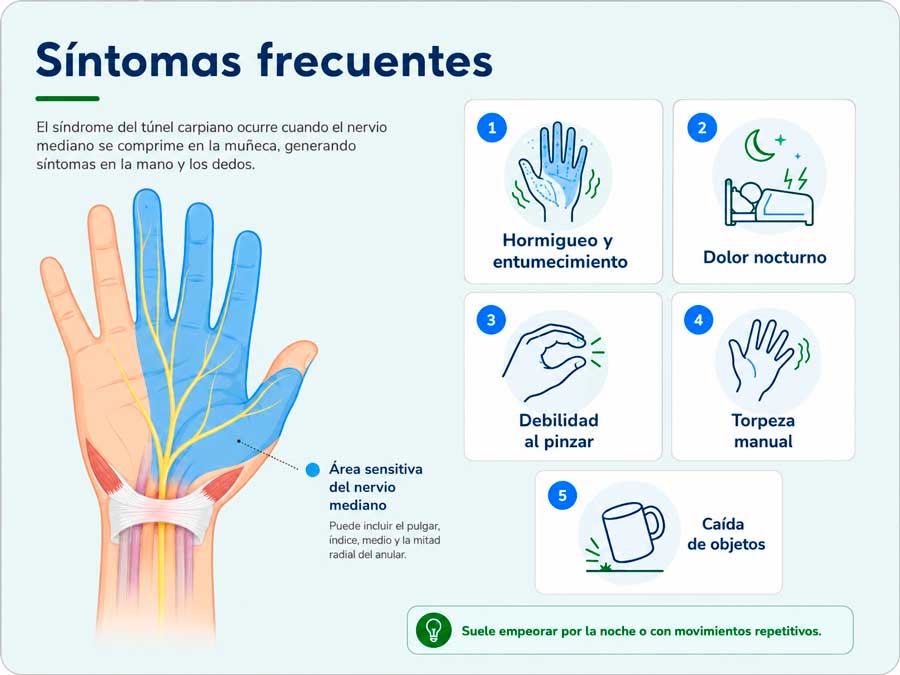 Síntomas habituales en la patología del síndrome del túnel carpiano: hormigueo, falta de fuerza, calambres, etc