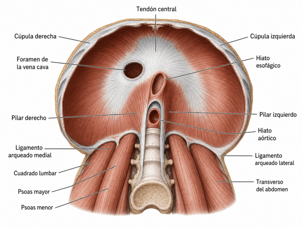 Vista inferior del diafragma con pilares lumbares, hiatos y músculos relacionados para explicar el dolor lumbar y diafragma